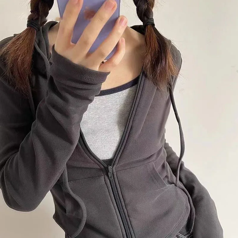 Xpqbb Vintage Zip Up Cropped Hoodies Women Solid Color Y2K Long Sleeve Hooded Jacket Woman Korean Style Slim Streetwear Hoody