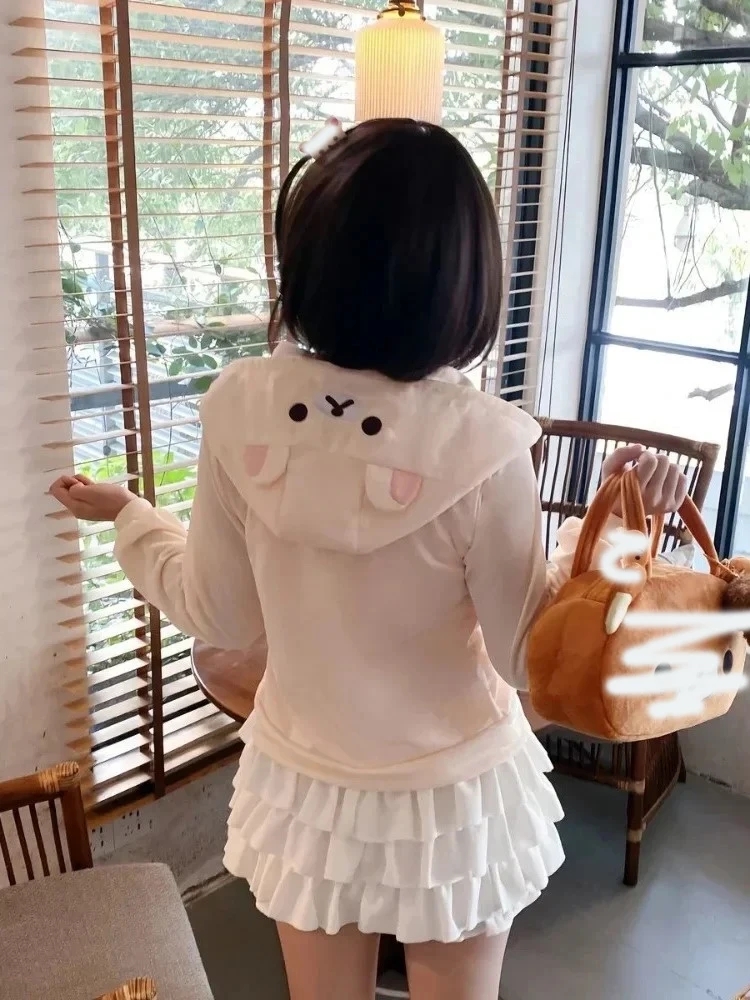 Women Japanese Style Kawaii Sweet Tops 2025 Y2k Harajuku Streetwear Hoodies Cute Cartoon Print Zipper Sweatshirt Soft Girl