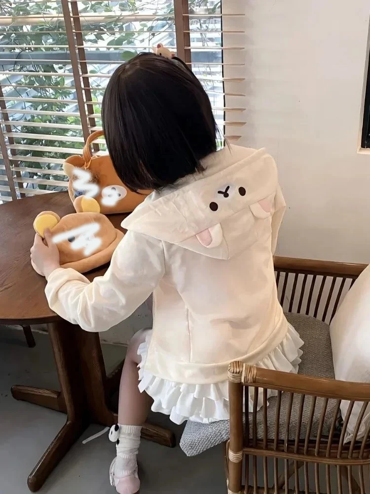 Women Japanese Style Kawaii Sweet Tops 2025 Y2k Harajuku Streetwear Hoodies Cute Cartoon Print Zipper Sweatshirt Soft Girl