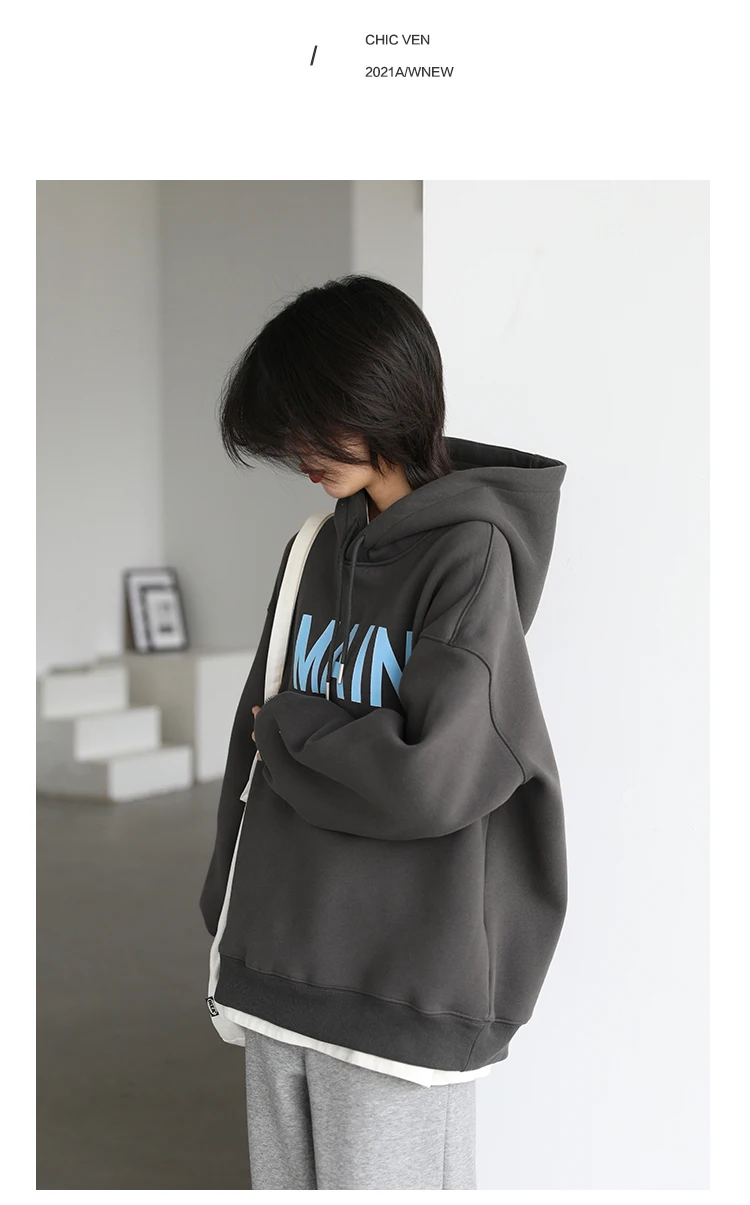 CHIC VEN Women's Pullovers Streetwear Casual Loose Letter Plush Thick Warm Hooded Tops Office Lady Coat Autumn Winter 2025
