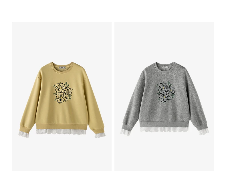 TOYOUTH Women's Floral Embroidered Lace Splicing Fake Two Piece Sweatshirt 2026 Autumn New Round Neck Loose Fit