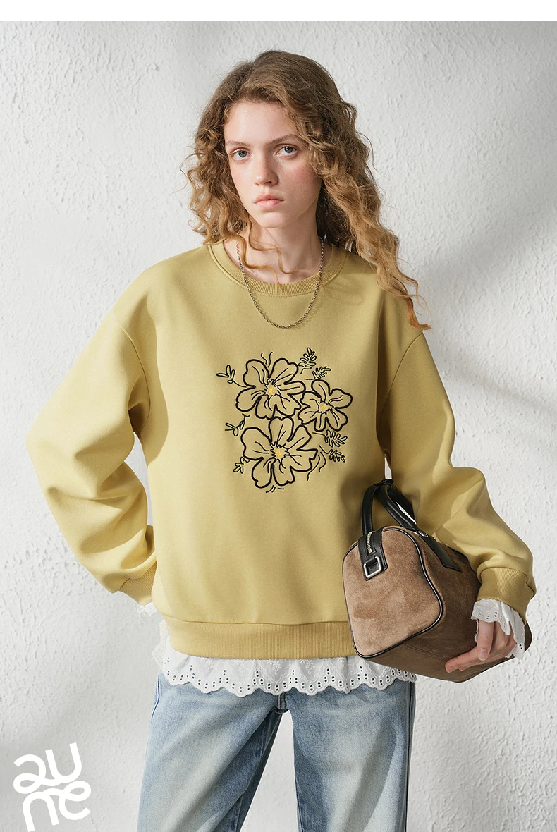 TOYOUTH Women's Floral Embroidered Lace Splicing Fake Two Piece Sweatshirt 2026 Autumn New Round Neck Loose Fit