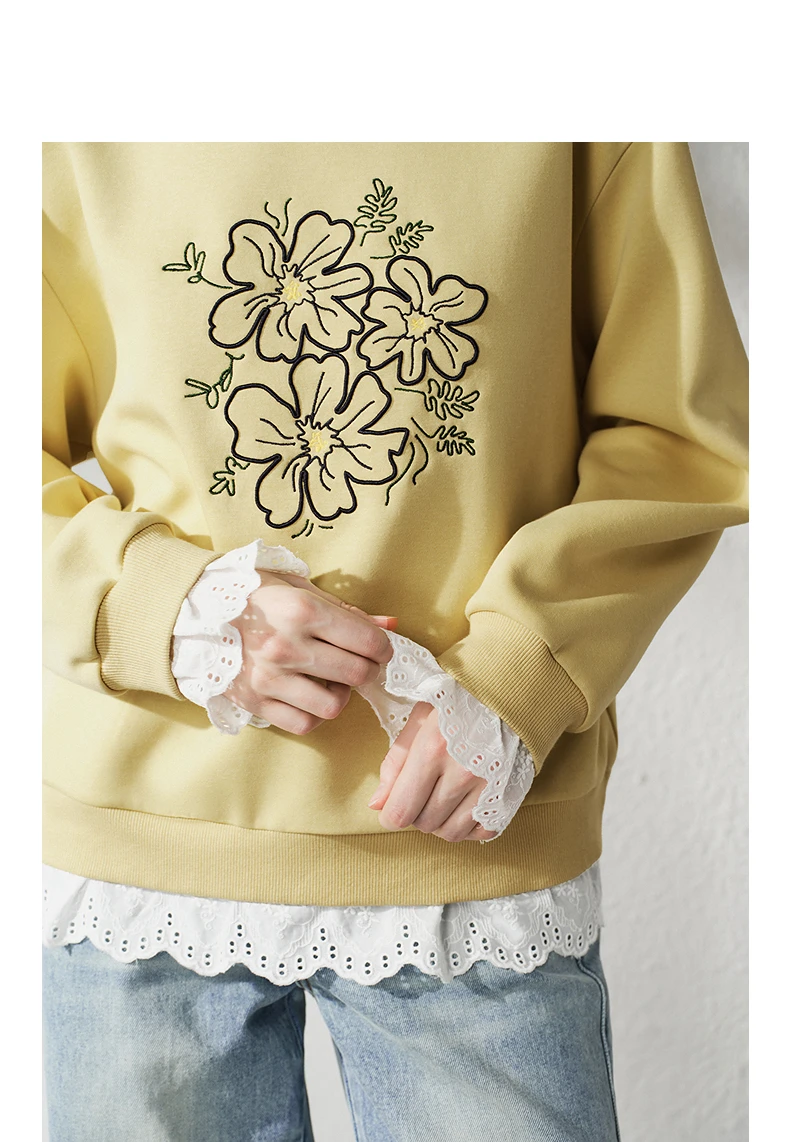 TOYOUTH Women's Floral Embroidered Lace Splicing Fake Two Piece Sweatshirt 2026 Autumn New Round Neck Loose Fit