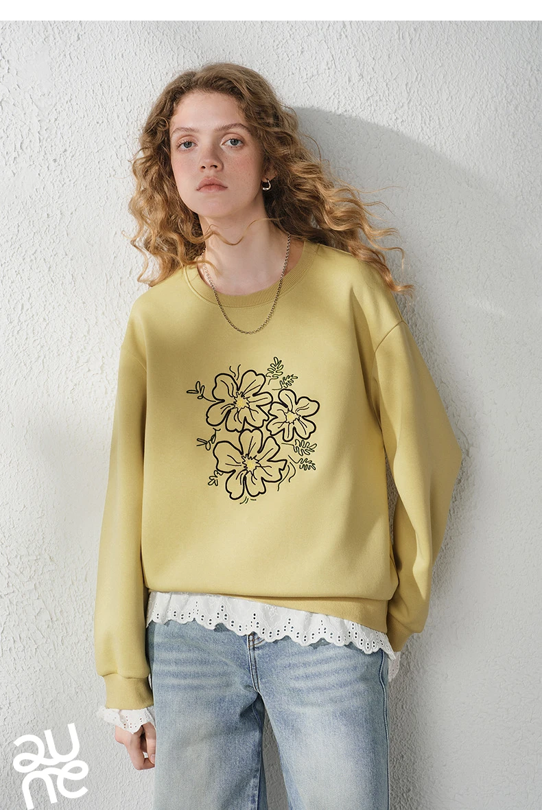 TOYOUTH Women's Floral Embroidered Lace Splicing Fake Two Piece Sweatshirt 2026 Autumn New Round Neck Loose Fit
