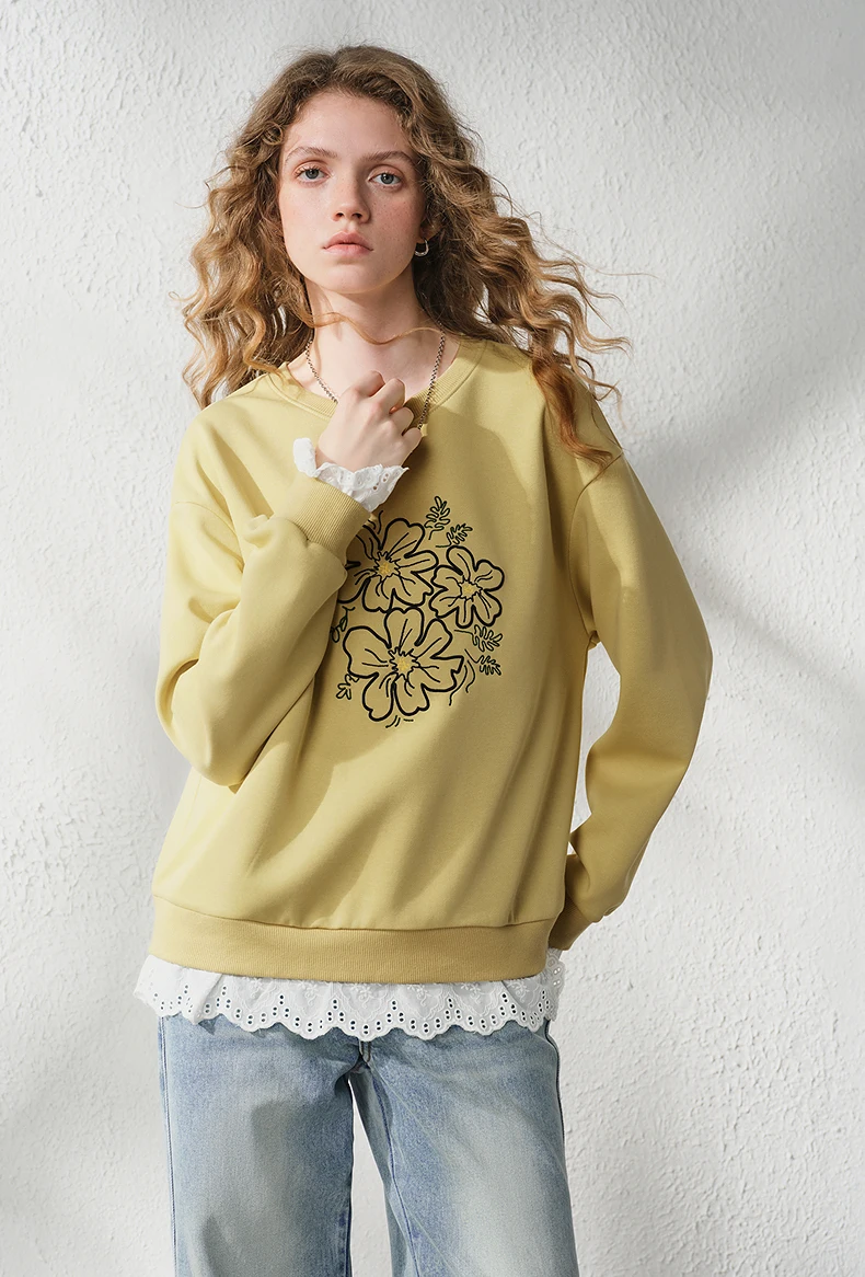 TOYOUTH Women's Floral Embroidered Lace Splicing Fake Two Piece Sweatshirt 2026 Autumn New Round Neck Loose Fit