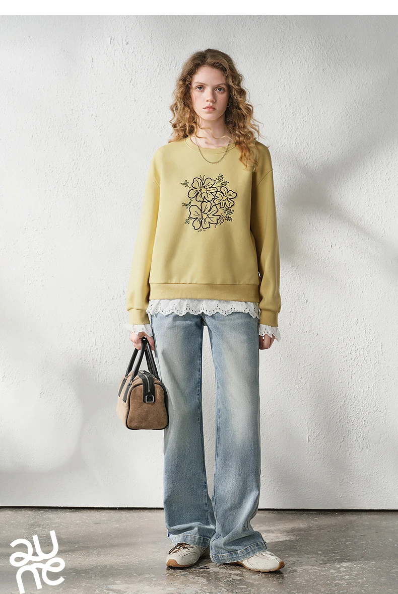 TOYOUTH Women's Floral Embroidered Lace Splicing Fake Two Piece Sweatshirt 2026 Autumn New Round Neck Loose Fit