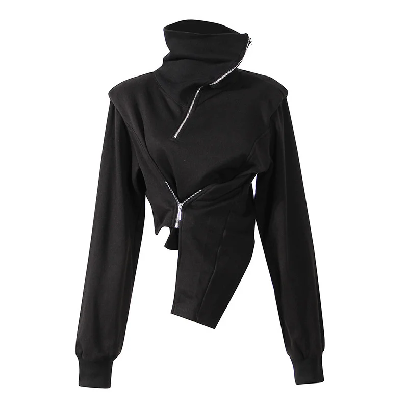 DEAT Fashion Women's Hoodies Turtleneck Irregular Diagonal Zipper Decorate Short Designer Sweatshirt Autumn 2025 New Tide WT051