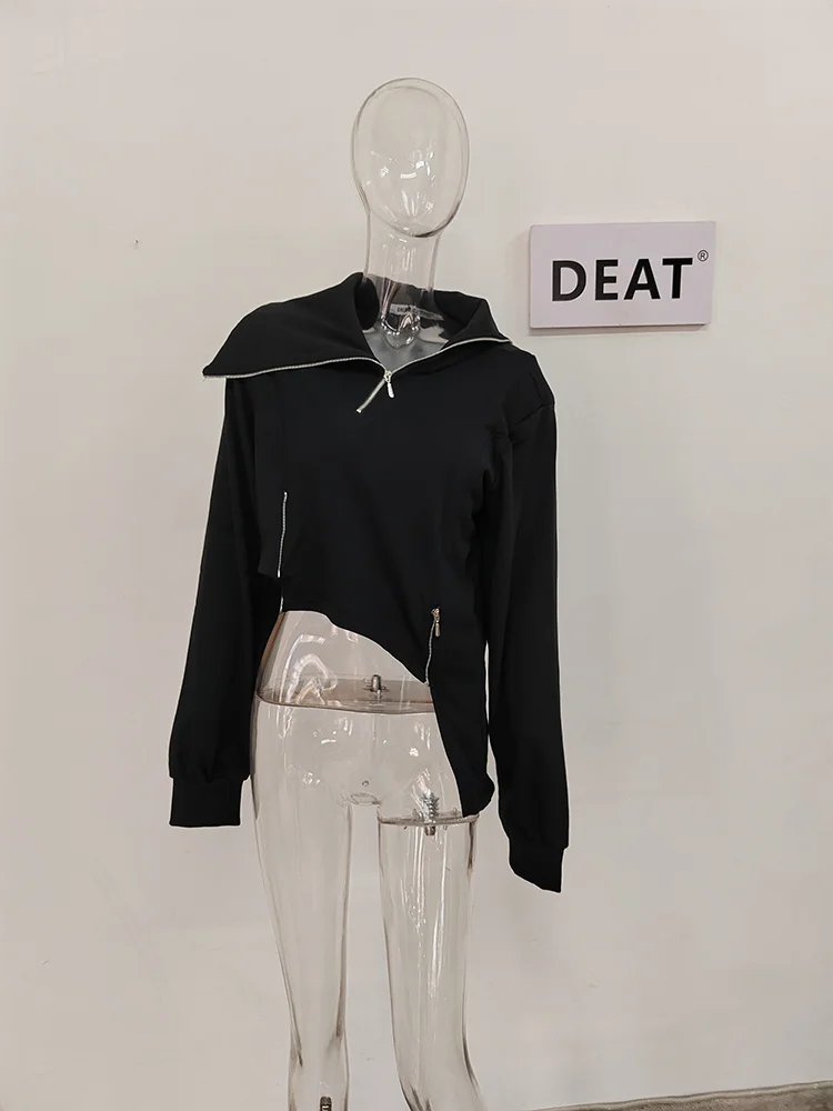DEAT Fashion Women's Hoodies Turtleneck Irregular Diagonal Zipper Decorate Short Designer Sweatshirt Autumn 2025 New Tide WT051