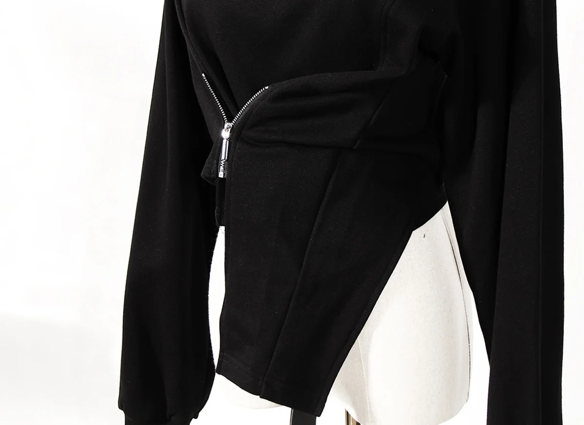DEAT Fashion Women's Hoodies Turtleneck Irregular Diagonal Zipper Decorate Short Designer Sweatshirt Autumn 2025 New Tide WT051