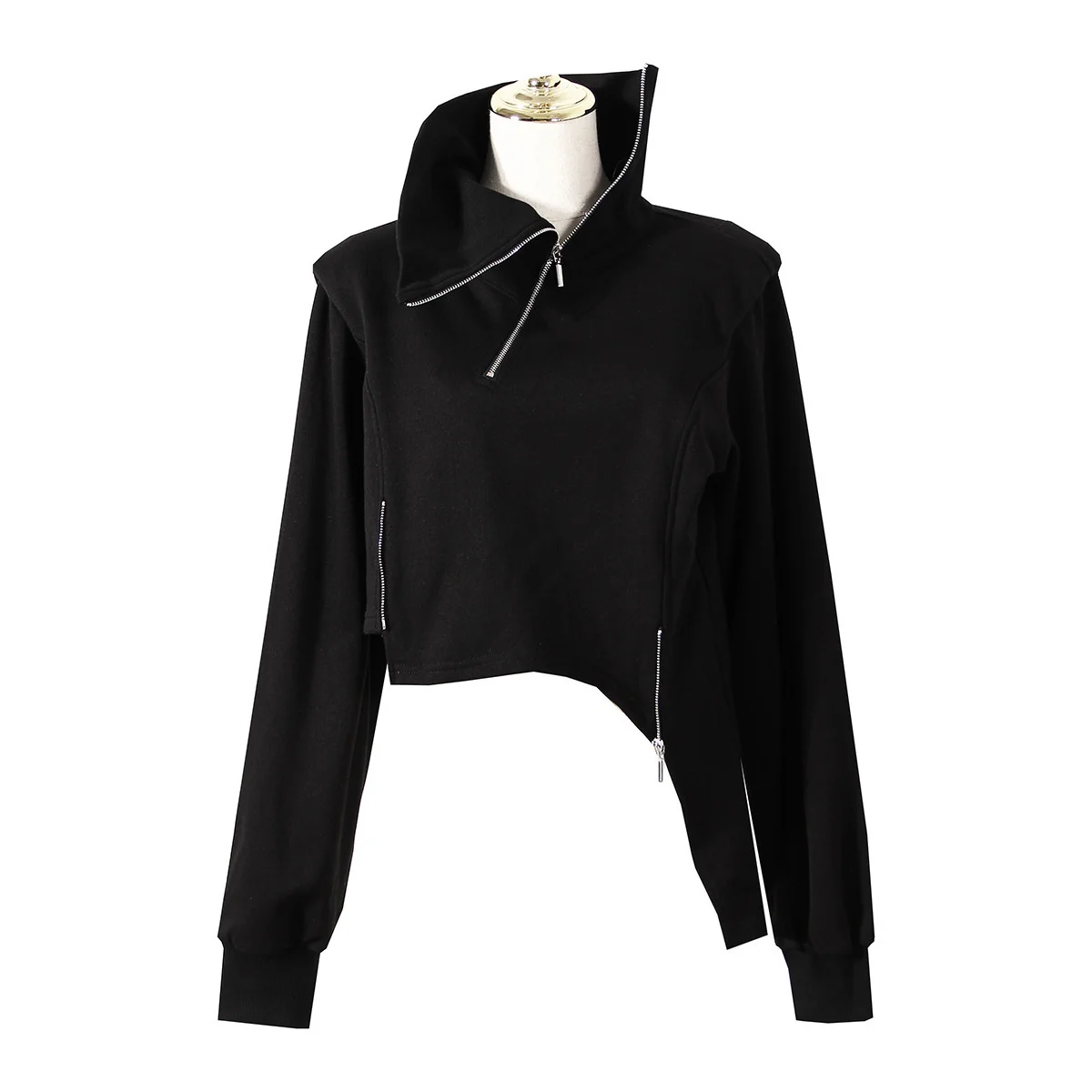 DEAT Fashion Women's Hoodies Turtleneck Irregular Diagonal Zipper Decorate Short Designer Sweatshirt Autumn 2025 New Tide WT051