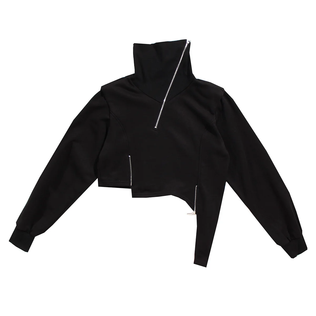 DEAT Fashion Women's Hoodies Turtleneck Irregular Diagonal Zipper Decorate Short Designer Sweatshirt Autumn 2025 New Tide WT051