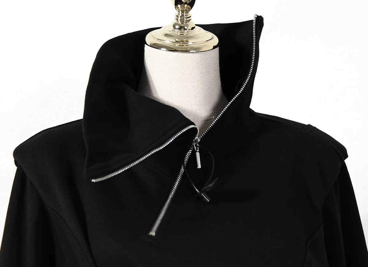 DEAT Fashion Women's Hoodies Turtleneck Irregular Diagonal Zipper Decorate Short Designer Sweatshirt Autumn 2025 New Tide WT051
