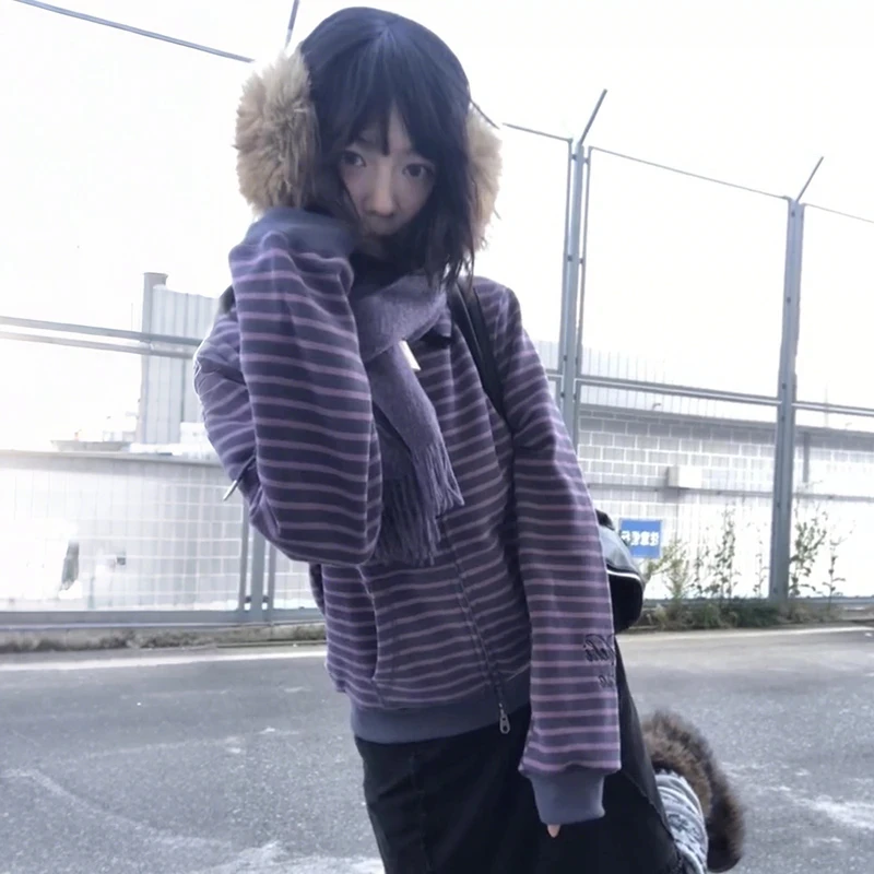 Japan Retro Harajuku Spring Autumn Y2K Purple Striped Cardigan Casual Street Women Coat Harajuku Punk Zipper Loose Sweatshirt
