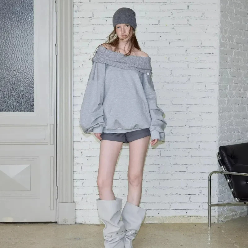 Lazy Wind Casual Sweatshirts Women Off Shoulder Loose Long Sleeve Pullovers Pure Cotton Patchwork Spring Autumn Baggy Solid Tops