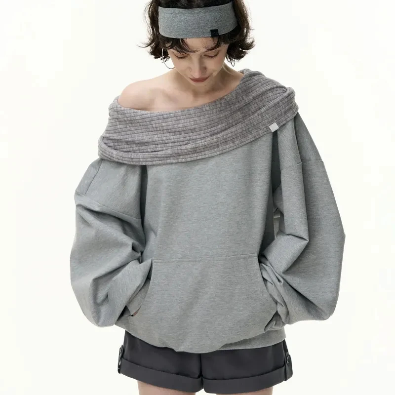 Lazy Wind Casual Sweatshirts Women Off Shoulder Loose Long Sleeve Pullovers Pure Cotton Patchwork Spring Autumn Baggy Solid Tops