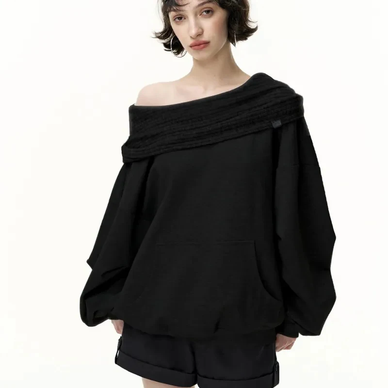 Lazy Wind Casual Sweatshirts Women Off Shoulder Loose Long Sleeve Pullovers Pure Cotton Patchwork Spring Autumn Baggy Solid Tops