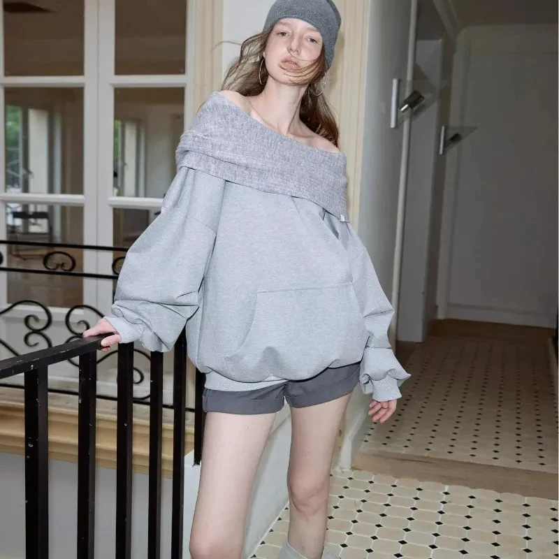 Lazy Wind Casual Sweatshirts Women Off Shoulder Loose Long Sleeve Pullovers Pure Cotton Patchwork Spring Autumn Baggy Solid Tops
