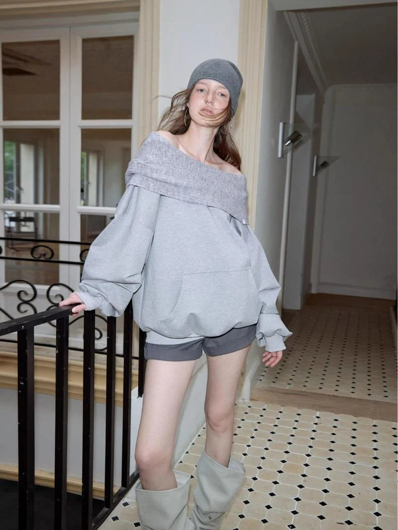 Lazy Wind Casual Sweatshirts Women Off Shoulder Loose Long Sleeve Pullovers Pure Cotton Patchwork Spring Autumn Baggy Solid Tops