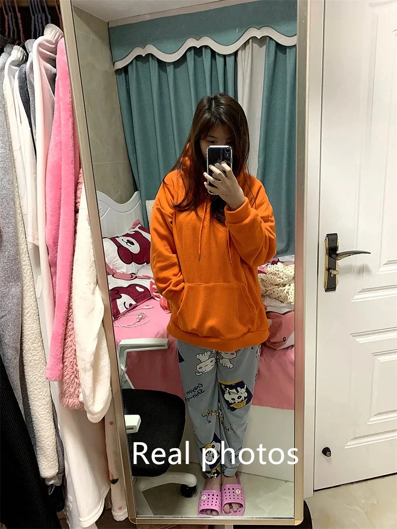 2026 Fashion Orange Hoodies Sweatshirts Women's Fleece Coats Autumn Winter Long-sleeve Loose Top Lady Pullover Casual Outerwear