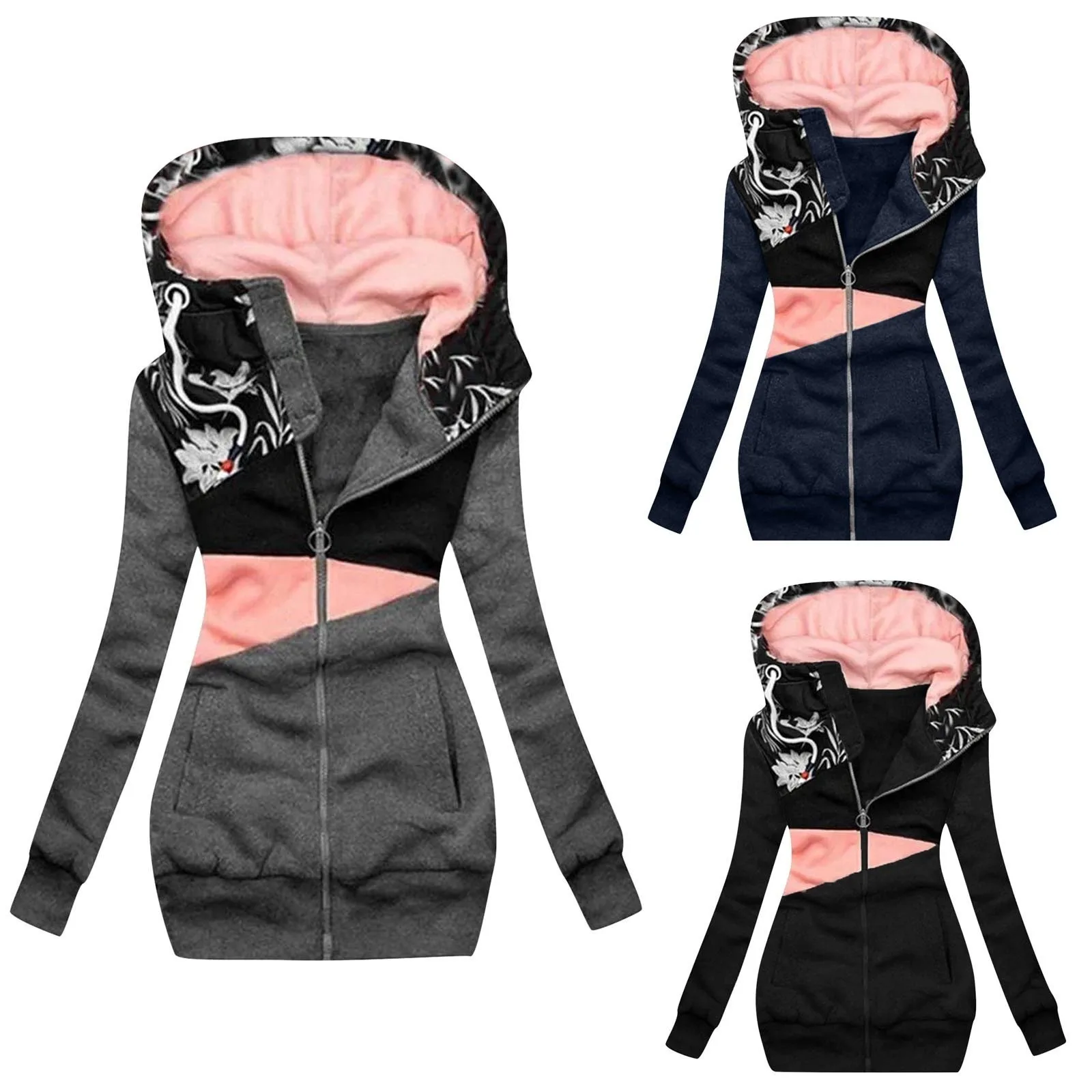 Women's Fashoin Jackets Casual Patchwork Print Floral Outerwear Streetwear Zipper Hooded Coats Pocket Cardigan Thicken Coat 5XL