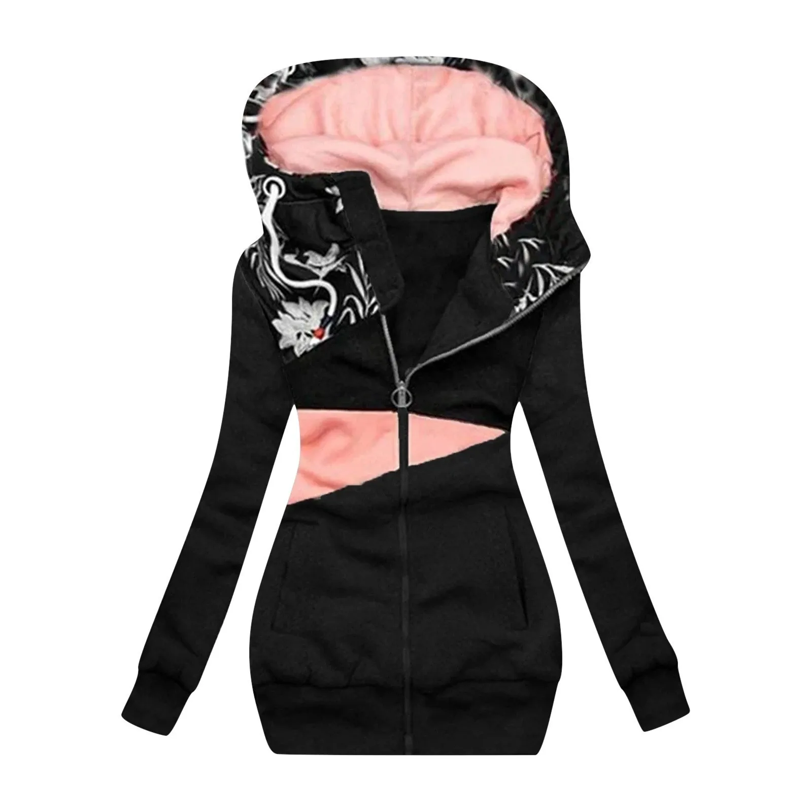 Women's Fashoin Jackets Casual Patchwork Print Floral Outerwear Streetwear Zipper Hooded Coats Pocket Cardigan Thicken Coat 5XL