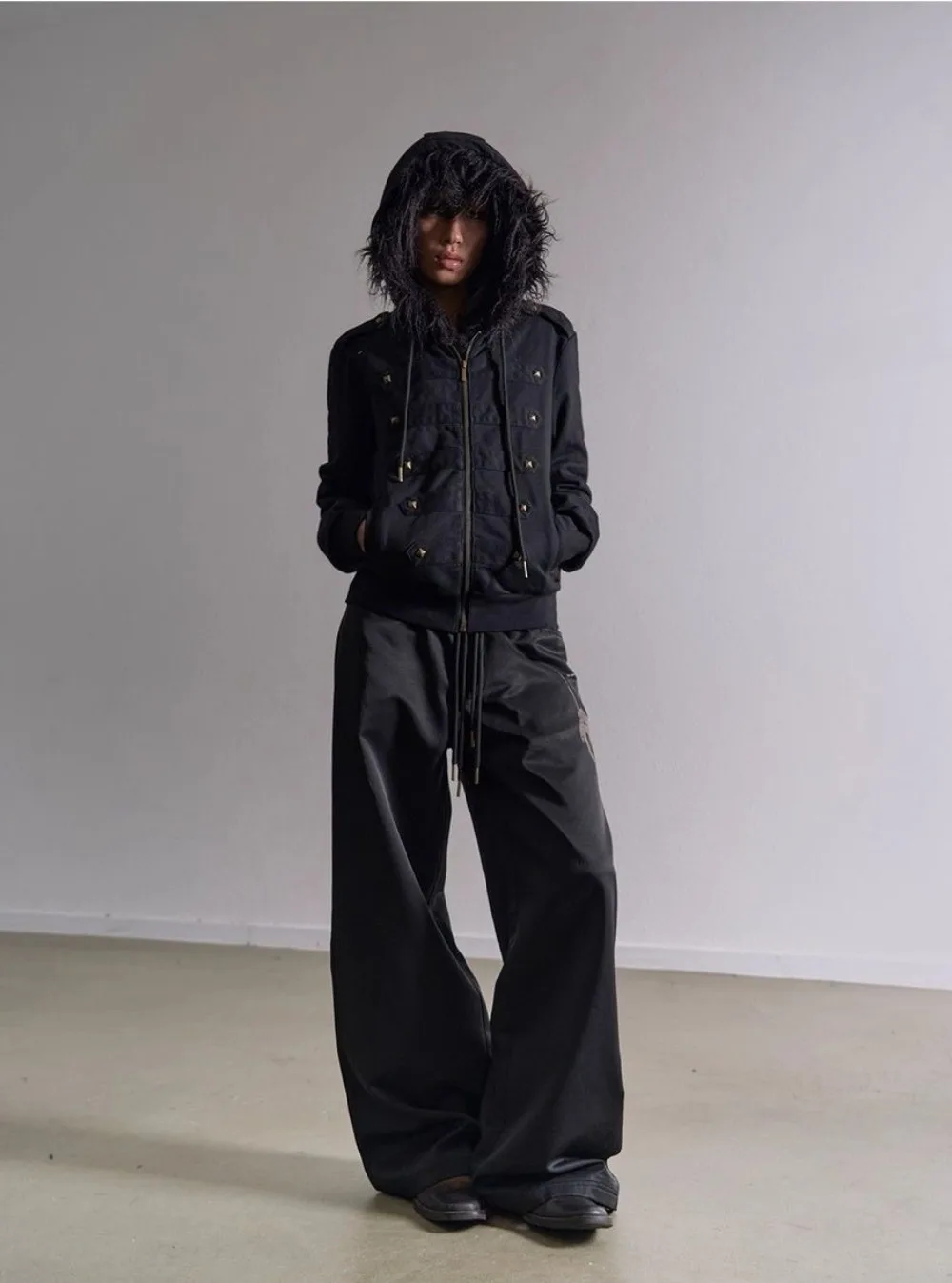 Y2K Vintage Fur Collar Black Zip Up Hoodie Men Women Harajuku Punk Studded Slim Fit Jacket Gothic Autumn Winter Sweatshirt Coat