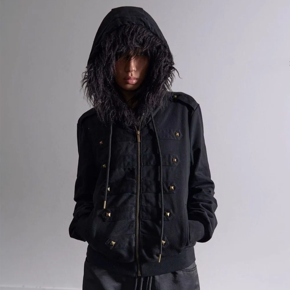 Y2K Vintage Fur Collar Black Zip Up Hoodie Men Women Harajuku Punk Studded Slim Fit Jacket Gothic Autumn Winter Sweatshirt Coat