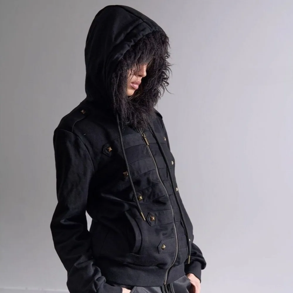 Y2K Vintage Fur Collar Black Zip Up Hoodie Men Women Harajuku Punk Studded Slim Fit Jacket Gothic Autumn Winter Sweatshirt Coat