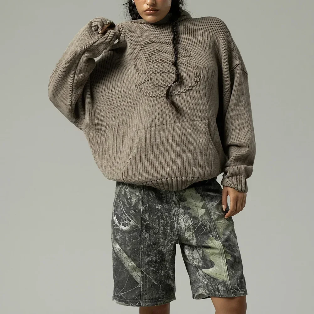 Y2K Retro S Letter Knit Hoodie American Hip Hood Casual Loose Women's Word Knit Autumn Hood Fashion Sweatshirt
