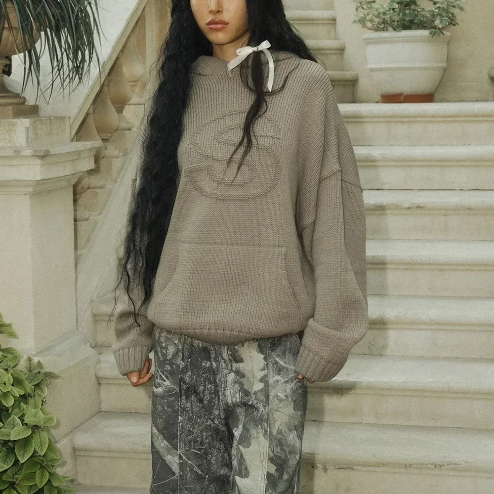 Y2K Retro S Letter Knit Hoodie American Hip Hood Casual Loose Women's Word Knit Autumn Hood Fashion Sweatshirt