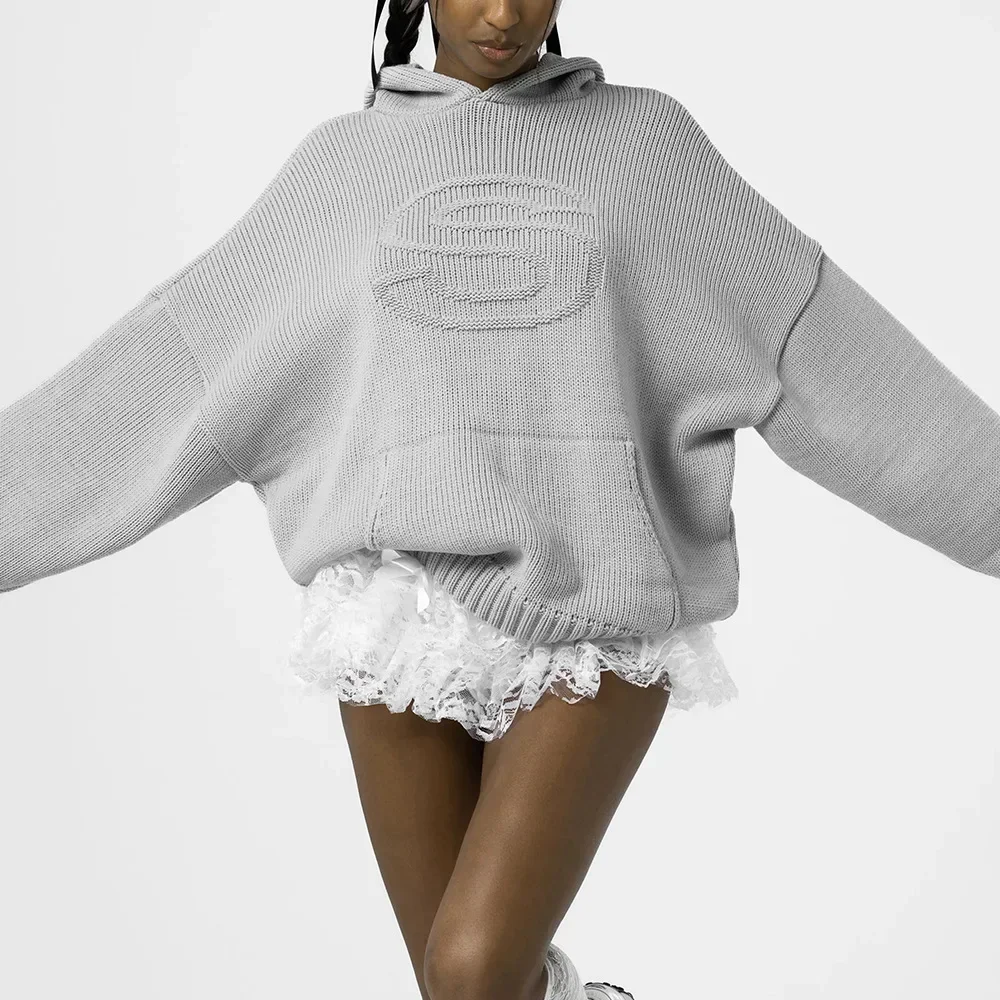 Y2K Retro S Letter Knit Hoodie American Hip Hood Casual Loose Women's Word Knit Autumn Hood Fashion Sweatshirt