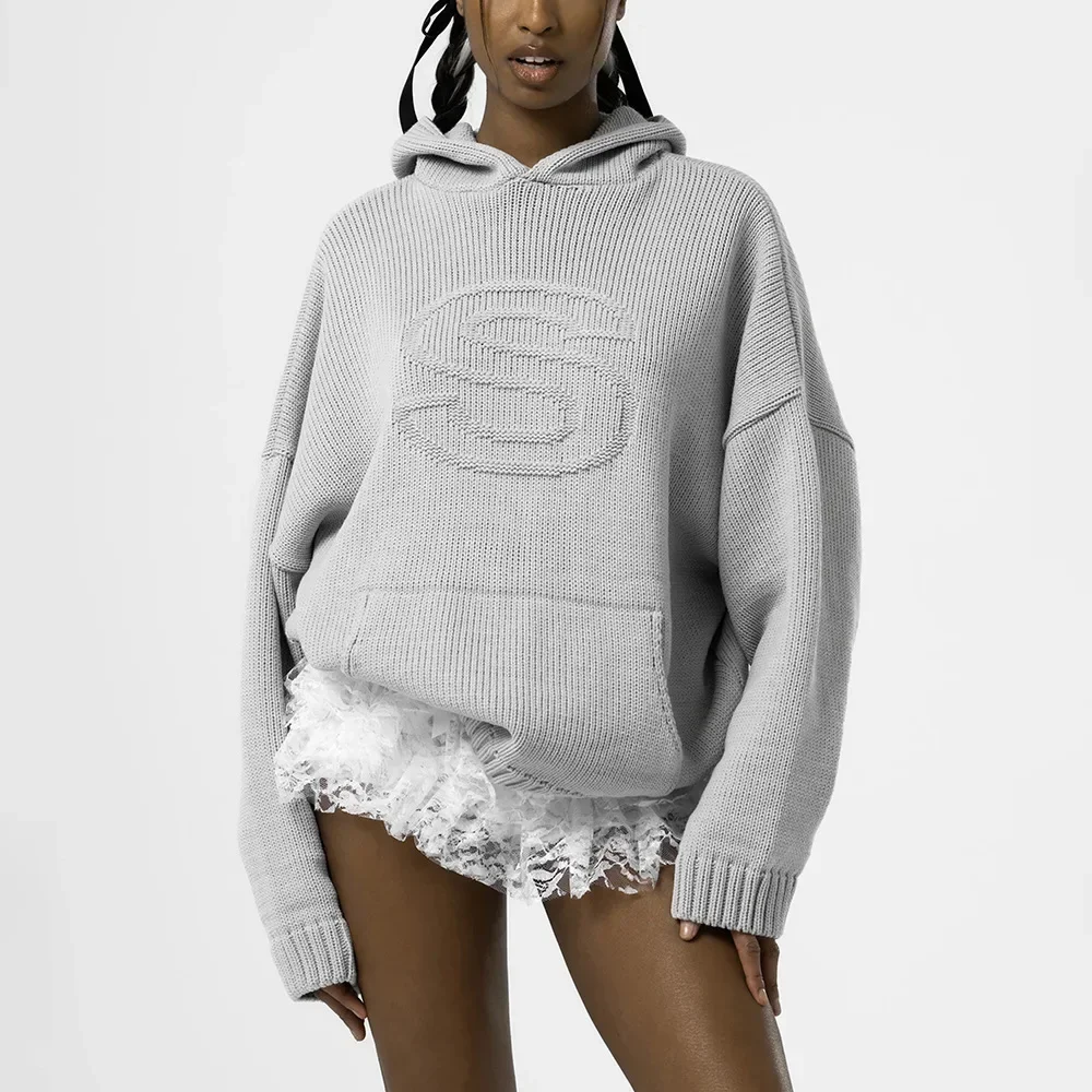 Y2K Retro S Letter Knit Hoodie American Hip Hood Casual Loose Women's Word Knit Autumn Hood Fashion Sweatshirt