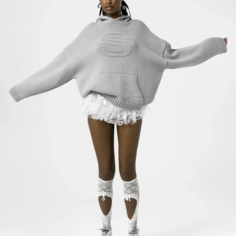 Y2K Retro S Letter Knit Hoodie American Hip Hood Casual Loose Women's Word Knit Autumn Hood Fashion Sweatshirt