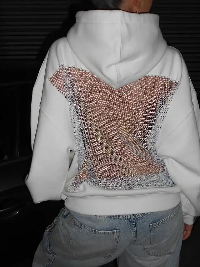 American Sexy Mesh Rhinestone Shiny Backless Hoodie Y2K Clothes Womens Fashion Hot Sweetheart Oversized Pullover Casual Jacket