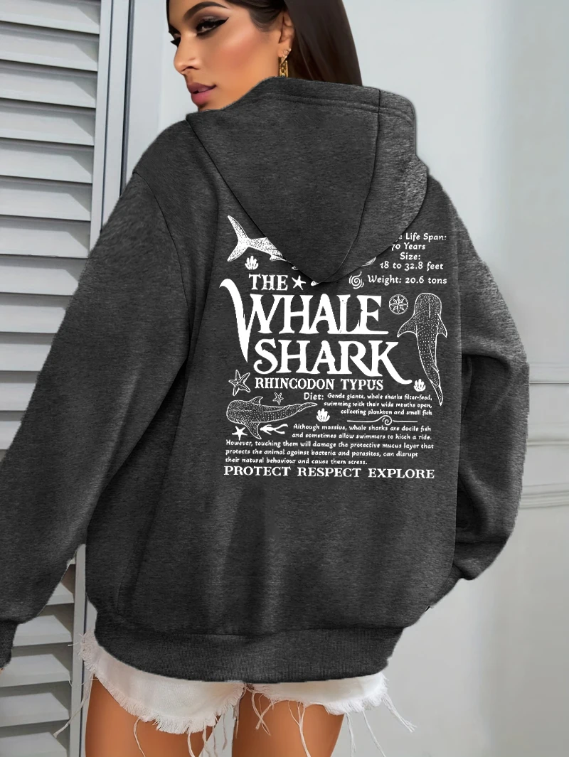 Creative Whale Shark With Letters Print Woman'S Streetwear Soft Trendy Hoodies Solid Color Warm Clothes Loose Hip Hop Hoody