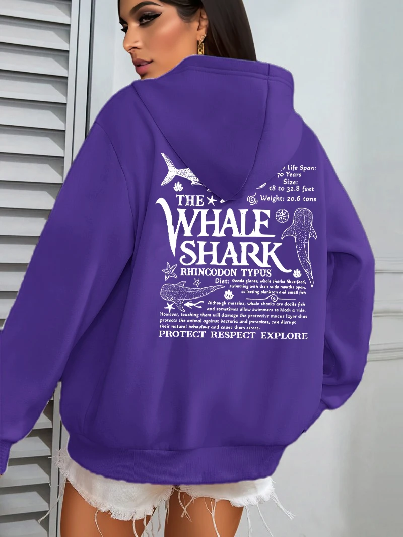 Creative Whale Shark With Letters Print Woman'S Streetwear Soft Trendy Hoodies Solid Color Warm Clothes Loose Hip Hop Hoody