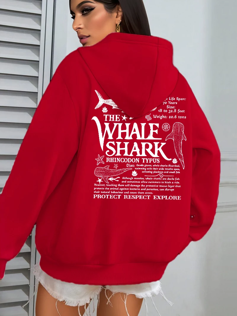 Creative Whale Shark With Letters Print Woman'S Streetwear Soft Trendy Hoodies Solid Color Warm Clothes Loose Hip Hop Hoody