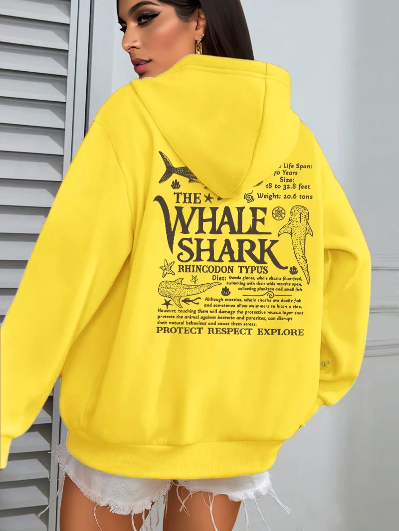 Creative Whale Shark With Letters Print Woman'S Streetwear Soft Trendy Hoodies Solid Color Warm Clothes Loose Hip Hop Hoody