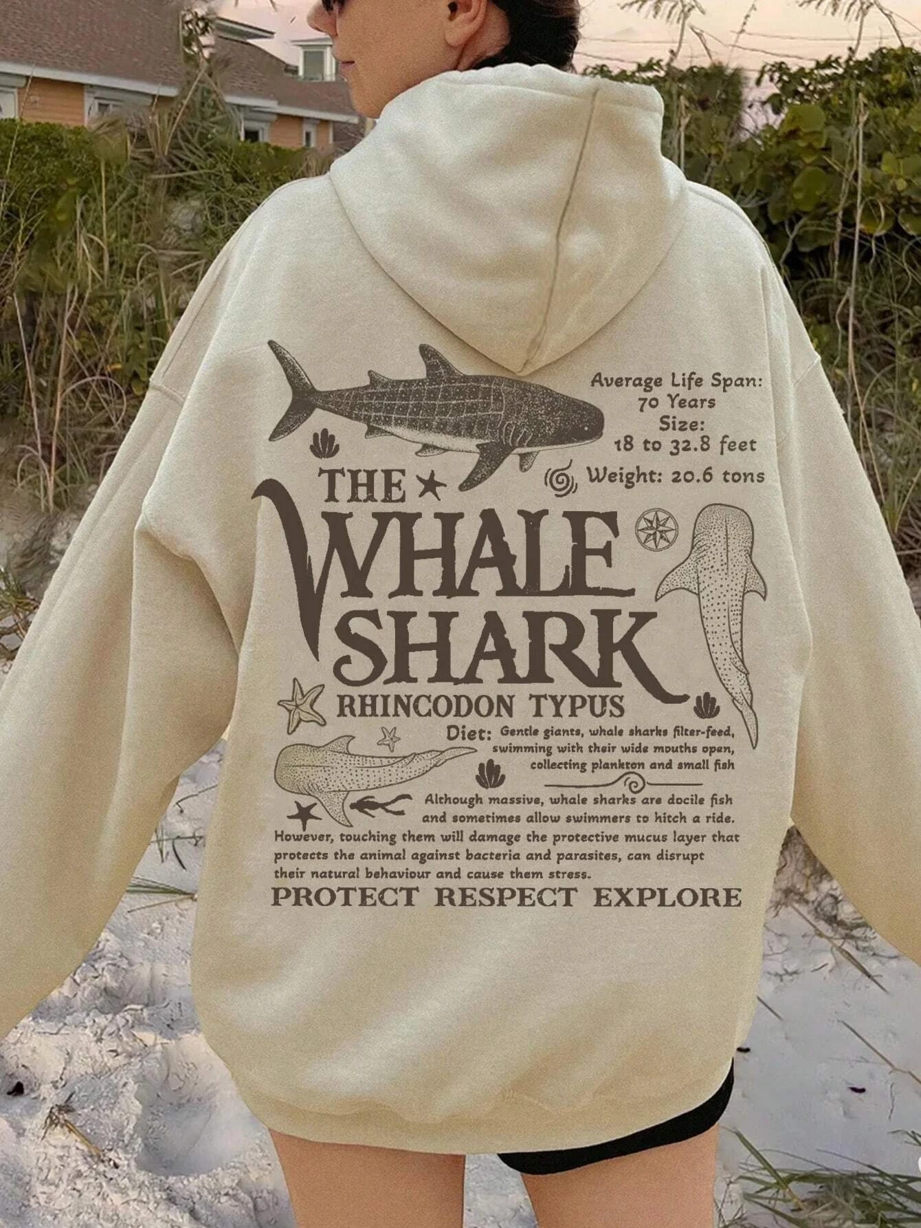 Creative Whale Shark With Letters Print Woman'S Streetwear Soft Trendy Hoodies Solid Color Warm Clothes Loose Hip Hop Hoody
