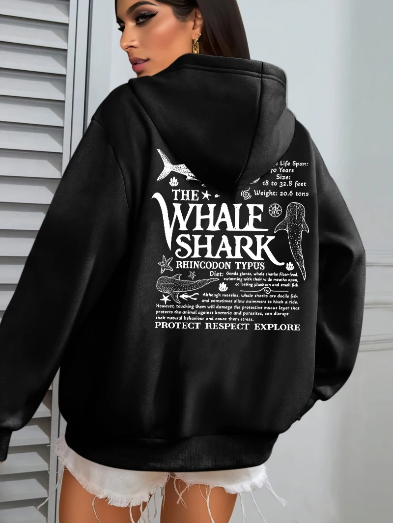 Creative Whale Shark With Letters Print Woman'S Streetwear Soft Trendy Hoodies Solid Color Warm Clothes Loose Hip Hop Hoody