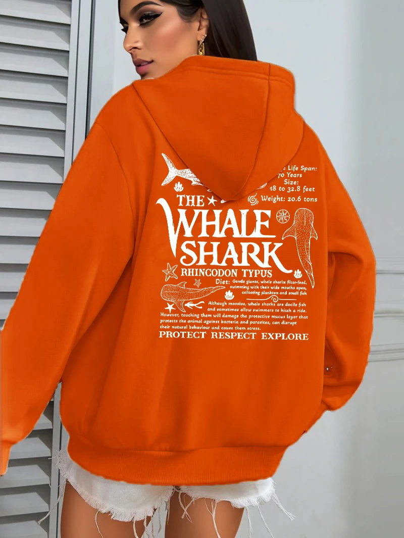 Creative Whale Shark With Letters Print Woman'S Streetwear Soft Trendy Hoodies Solid Color Warm Clothes Loose Hip Hop Hoody