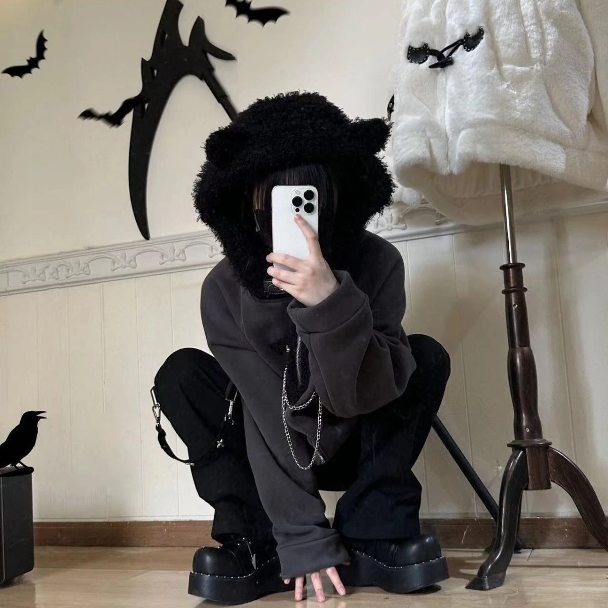 Japanese Kawaii Y2k Aesthetic Women Chain Gothic Cat Ears Hoodies Coat Patchwork Grunge Hoody Harajuku Vintage Zip Sweatshirts