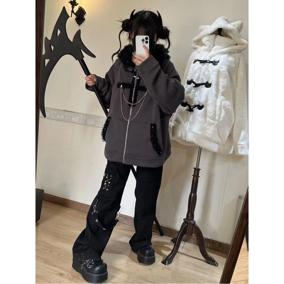 Japanese Kawaii Y2k Aesthetic Women Chain Gothic Cat Ears Hoodies Coat Patchwork Grunge Hoody Harajuku Vintage Zip Sweatshirts