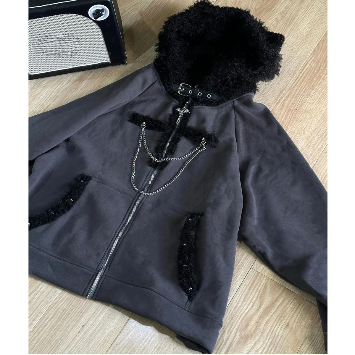 Japanese Kawaii Y2k Aesthetic Women Chain Gothic Cat Ears Hoodies Coat Patchwork Grunge Hoody Harajuku Vintage Zip Sweatshirts