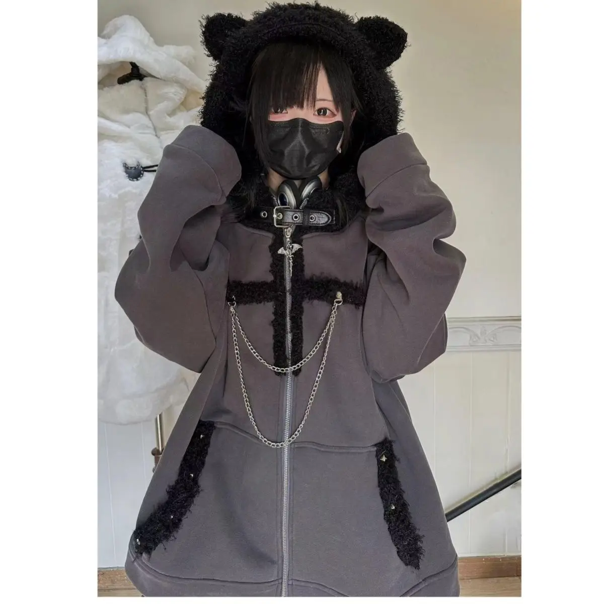Japanese Kawaii Y2k Aesthetic Women Chain Gothic Cat Ears Hoodies Coat Patchwork Grunge Hoody Harajuku Vintage Zip Sweatshirts