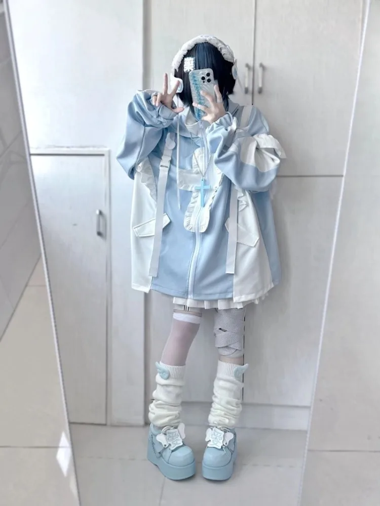 Y2k Mid-length Loose Long Sleeve Coat Women Japanese Patchwork Ruffles Sweet Sweatshirts 2026 New All-match Tops Mujer