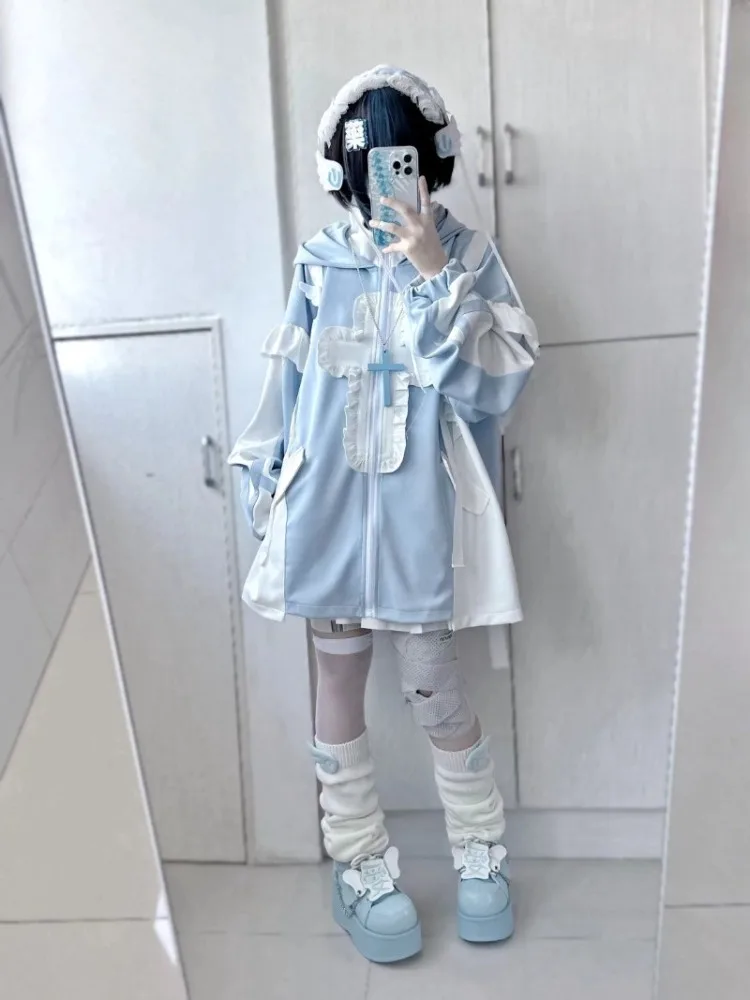 Y2k Mid-length Loose Long Sleeve Coat Women Japanese Patchwork Ruffles Sweet Sweatshirts 2026 New All-match Tops Mujer