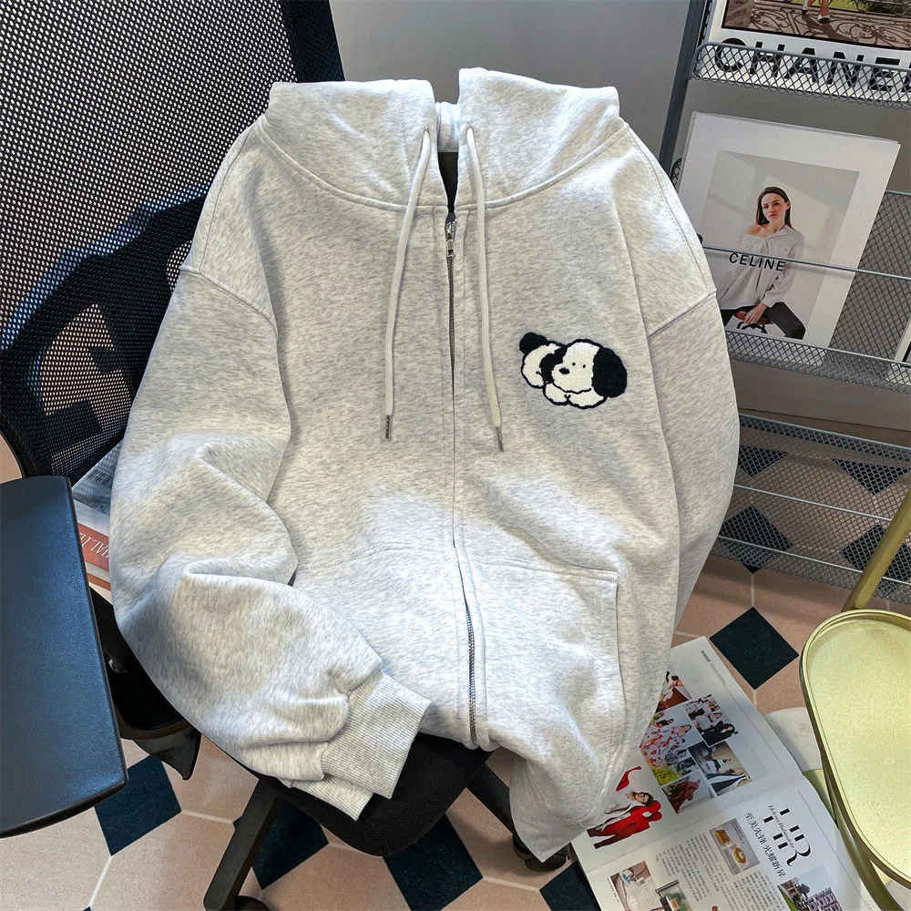Gray Cartoon Puppy Printed Sweatshirts Y2K Zip Up Hoodies Women Aesthetic Autumn Vintage Oversized Hoodies With Pockets Teens