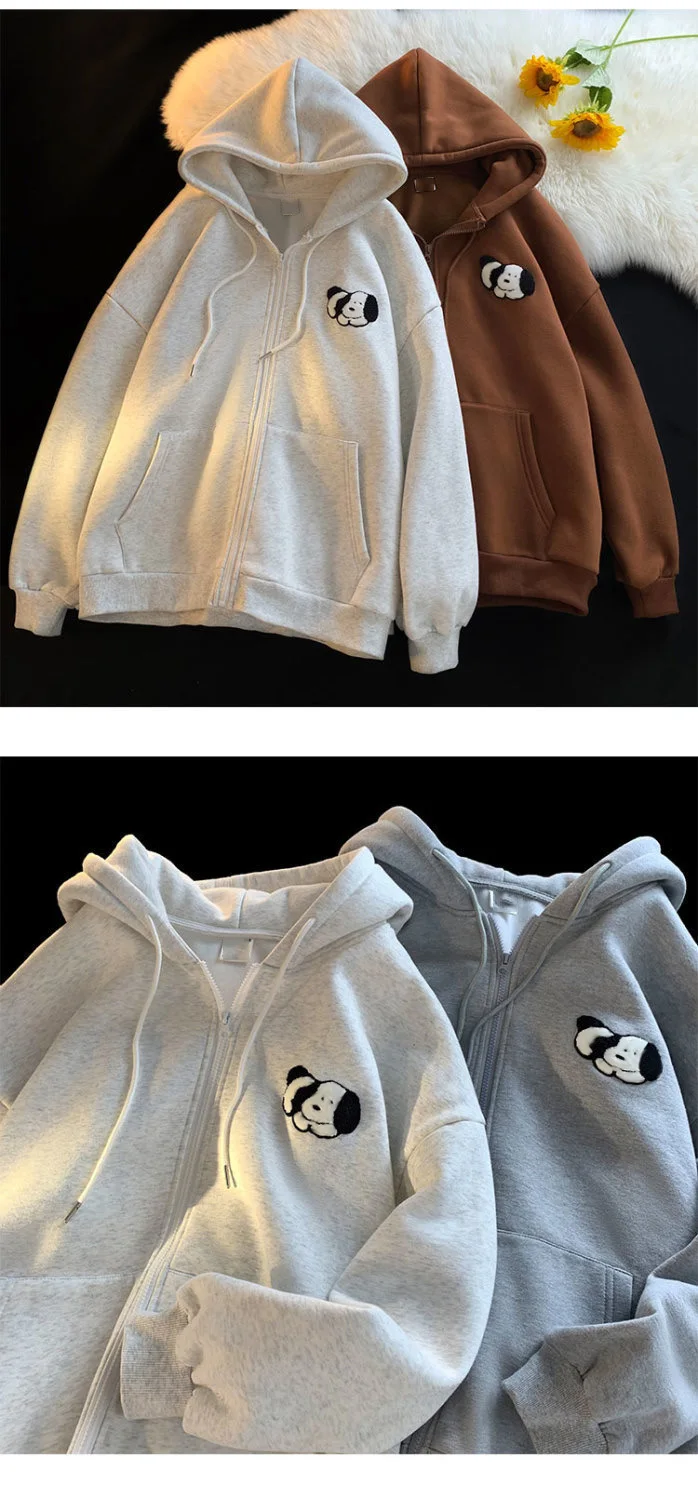 Gray Cartoon Puppy Printed Sweatshirts Y2K Zip Up Hoodies Women Aesthetic Autumn Vintage Oversized Hoodies With Pockets Teens