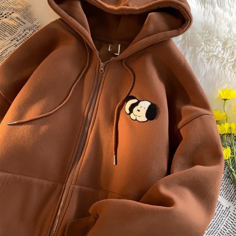 Gray Cartoon Puppy Printed Sweatshirts Y2K Zip Up Hoodies Women Aesthetic Autumn Vintage Oversized Hoodies With Pockets Teens